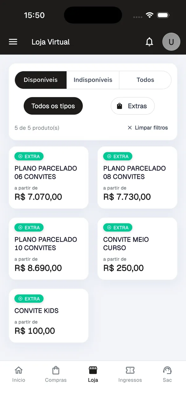 Loja virtual com planos de convites e convites extras